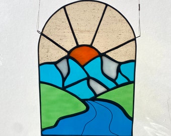 Mountain, hills, river, sunset stained glass panel