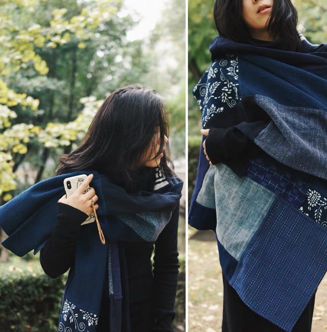 Japanese Indigo Scarf, Shibori Indigo Scarf, Indigo Blue Scarf, Natural
