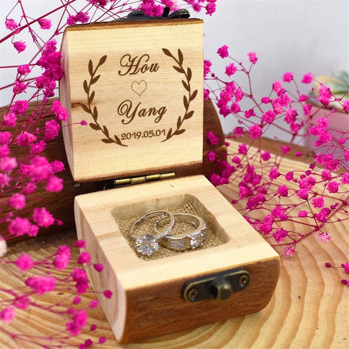 1pc Portable Wooden Ring Box For Two Rings - * Wedding And Jewelry Presentation