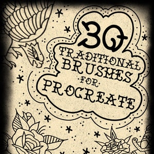 Puede incluir: Una ilustración de estilo vintage de 30 pinceles tradicionales para Procreate. La imagen presenta un diseño en blanco y negro con un fondo texturizado. El texto "30 Traditional Brushes for Procreate" está escrito en una fuente en negrita y decorativa.