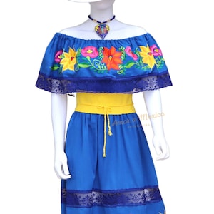 Blue Mexican Campesina Dress, Mexican Long Dress, Embroidered Floral Dress, Traditional Dress Women, Mother&#39;s Day Gift, Off the shoulder