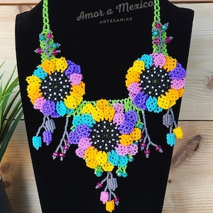 Huichol Necklace, Mexican Jewelry, Beaded Mexican Artisan Necklace, Floral Necklace, Christmas Gift, Boho, Mexican Christmas Gift for Women