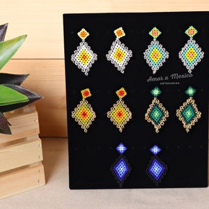 Huichol Earrings, Mexican Earrings, Diamond Shape Beaded Earrings, Mexican Gift for Women,  Mexican Handmade Jewelry, Mother&#39;s Day Gift