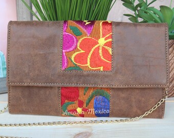 Genuine Leather Crossbody Bag for Women, Brown Embroidered Wallet, Floral Embroidered Crossbody Bag, Mexican crossbody bag, Christmas Gift