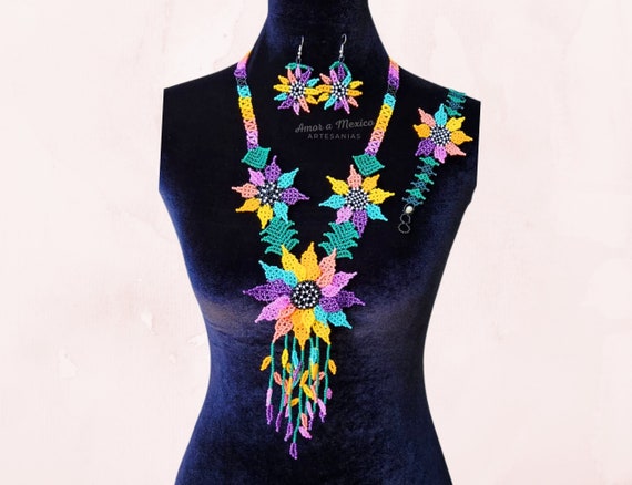 Huichol Necklace, Mexican Jewelry, Floral Necklace, Long Necklace, Mexican Gift for Women, Christmas Gift, Boho, Mother's Day Gift,
