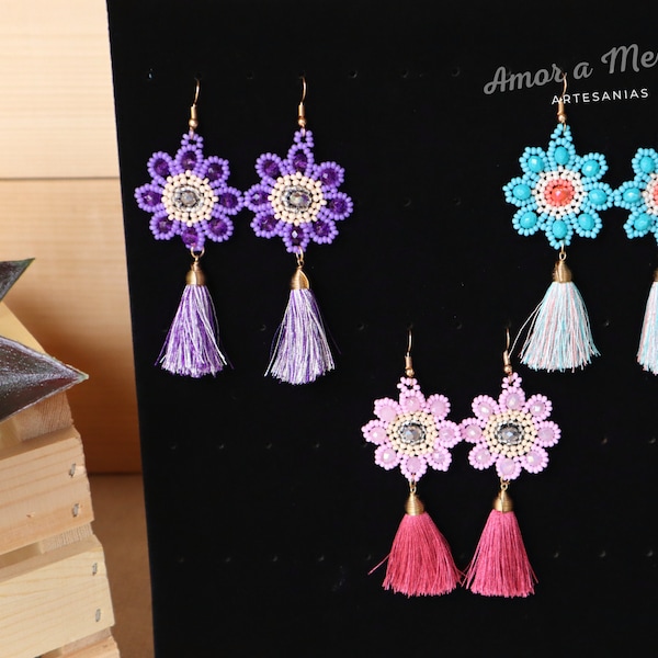 Huichol Earrings, Mexican Earrings, Flower Beaded Earrings, Mexican Gift for Women,  Mexican Handmade Jewelry, Mother's Day Gift, Artisanal