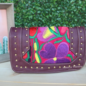 Vegan Leather Crossbody Bag for Women, Yellow Embroidered Wallet, Floral Embroidered Crossbody Bag, Mexican crossbody bag, Christmas Gift