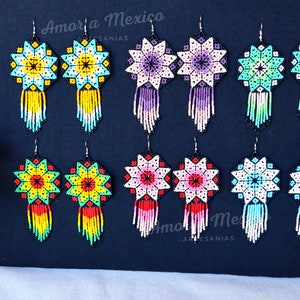 Huichol Earrings, Large Round Mexican Earrings, Huichol Jewelry, Boho Style, Dangle Earrings,  Mother&#39;s Day Gift, Mexican Gift for Women