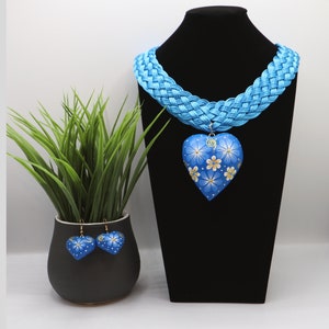 Heart Shaped Necklace Set, Wood Jewelry, Mexican Choker, Blue Floral Braided Choker, Hand Painted Jewelry, Valentine&#39;s Day Gift for women,