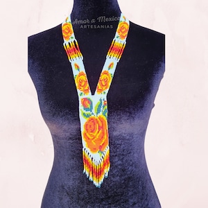 Huichol Necklace, Mexican Jewelry, Rose, Elegant, Tie Necklace, Boho Style, Mexican Gift for Women, Christmas Gift for Her, Statement