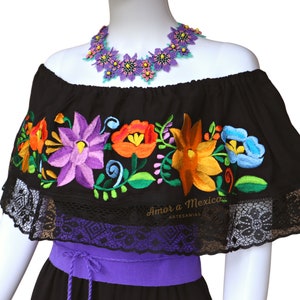 Black Mexican Campesina Dress, Off the Shoulder Long Dress, Embroidered Floral Dress, Traditional Mexican Dress Women, Mother&#39;s Day Gift,