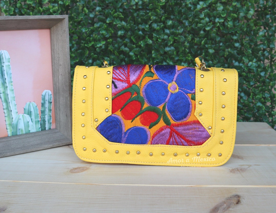 Vegan Leather Crossbody Bag for Women, Yellow Embroidered Wallet