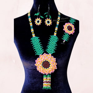 Huichol Necklace, Mexican Jewelry, Floral Necklace, Flower Necklace, Long Necklace, Mexican Gift for Women, Artisan Christmas Gift, Boho