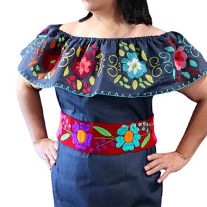 Mexican Embroidered Campesina Dress, Mexican Denim Dress, Floral Dress, Traditional Mexican Dress, Off the shoulder dress for Women, Gift