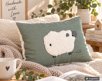 Handgefertigtes Kuschelkissen aus hochwertigem Leinen in Grün  mit gesticktem Schafmotiv aus weichem Teddyplüsch