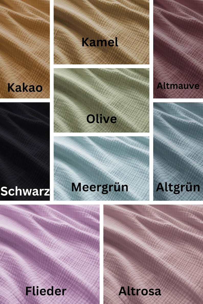 May include: A fabric swatch display featuring various colors, including Kakao, Kamel, Olive, and Altmauve. Each swatch has a textured appearance and a label with its color name. Other colors include Schwarz, Meergr&uuml;n, Altgr&uuml;n, Fieder, and Altrose.