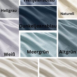 May include: Close-up of fabric swatches in various colors, including light gray, blue, dark blue, off-white, and green. Each swatch has a textured, crinkled appearance. Text labels identify each color: Hellgrau, Helljeansblau, Naturell, Dunkeljeansblau, Wei&szlig;, Meegr&uuml;n, Altgr&uuml;n, Hellbeige, and Ecru.