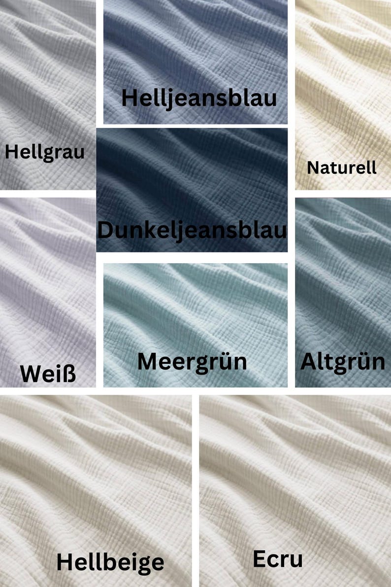 May include: Close-up of fabric swatches in various colors, including light gray, blue, dark blue, off-white, and green. Each swatch has a textured, crinkled appearance. Text labels identify each color: Hellgrau, Helljeansblau, Naturell, Dunkeljeansblau, Wei&szlig;, Meegr&uuml;n, Altgr&uuml;n, Hellbeige, and Ecru.