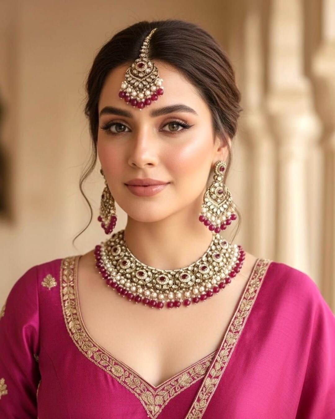 AMEIRA Rani Pink/ Fuchsia Colour Kundan and Zircon Necklace Set ...