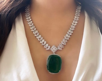 ELNAZ Big Stone Emerald Green Doublet Pendant Set, Statement American Diamond Necklace, Indian Jewelry Pakistani Wedding Outfit Cz Zircon
