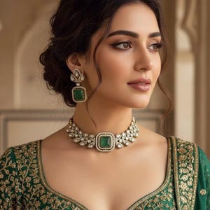 VRINDA Emerald green Victorian style Sabyasachi kundan choker set,cz Indian Bridal jewelry,doublet stone,pakistani wedding jewelley