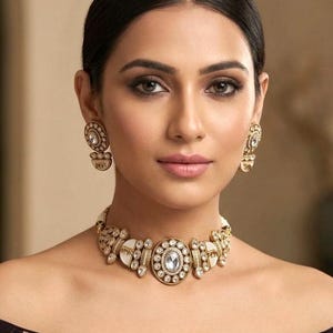May include: A gold-coloured necklace and matching earrings set. The necklace features a large, central oval-shaped clear stone surrounded by smaller stones and white enamel accents. The earrings have a similar design. The jewellery is worn on a person.