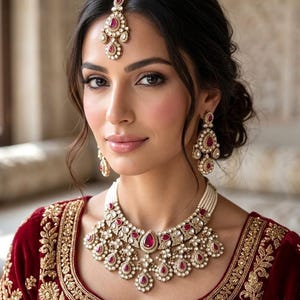 May include: A woman wearing a traditional Indian jewelry set. The set includes a headpiece, earrings, and a necklace. The jewelry features gold-colored metal and red gemstones, set against a white pearl backdrop. The woman is wearing a red velvet top with gold embroidery.