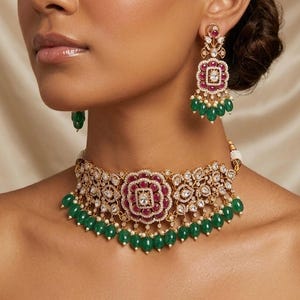 NARGIS Sabyasachi inspirierte Premium-Qualität Polki und Kundan Rubin Choker Halskette mit Ohrringen, indischer pakistanische Hochzeit Brautschmuck