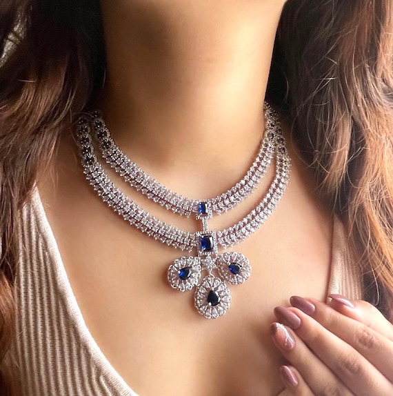 LYLA Sapphire Blue American Diamond Necklace Earrings Maangtika
