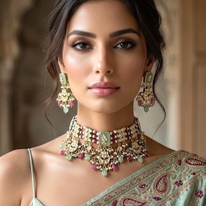 May include: A gold-toned choker necklace and matching drop earrings featuring light green rectangular accents, small white pearls, and pink teardrop beads. The jewelry set is worn with a light green garment featuring intricate red and gold embroidery.