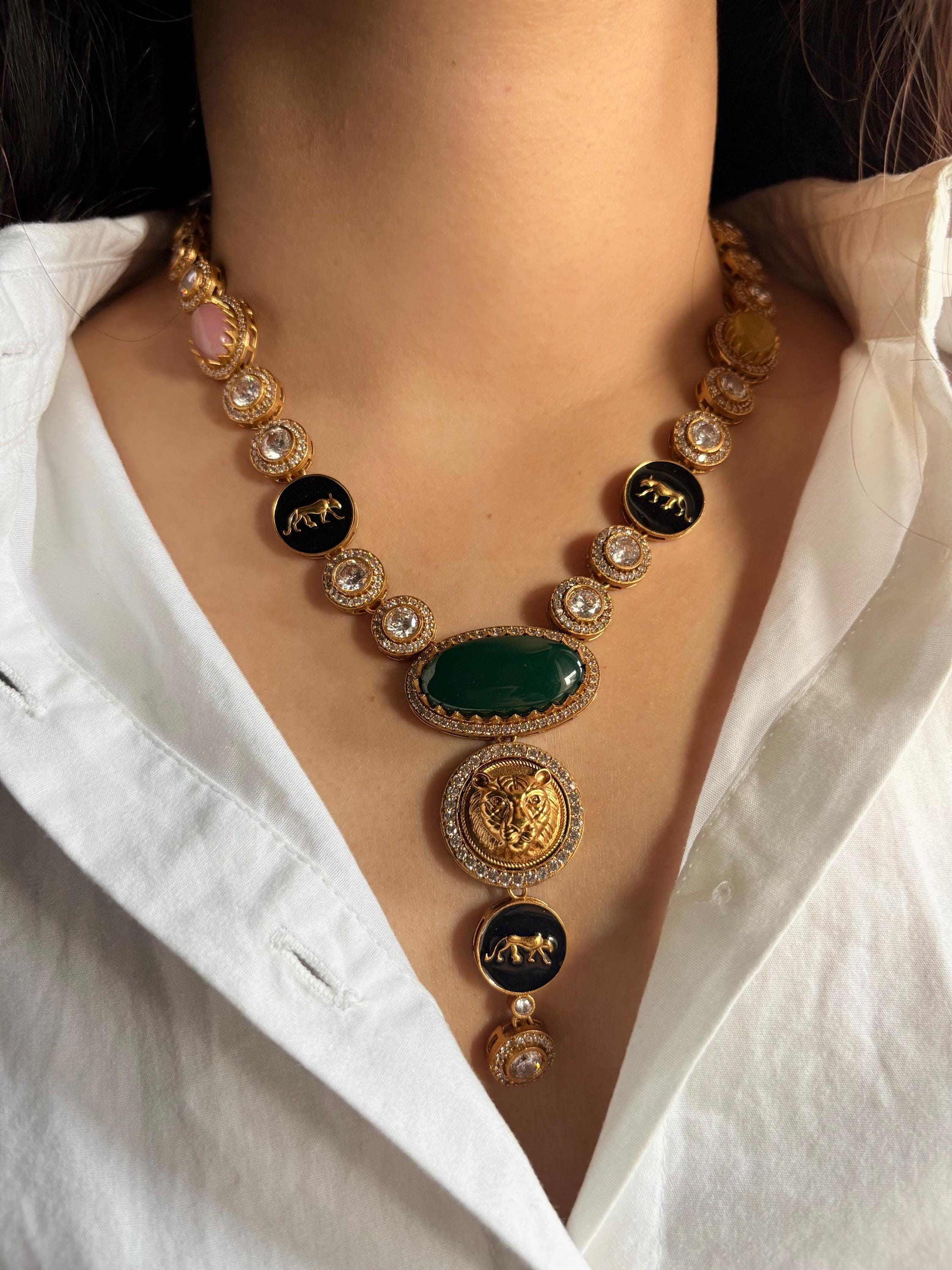 URVI Sabyasachi inspired Green multicoloured Victorian style kundan necklace set,Indian Bridal jewelry, cz kundan Victorian golden polish