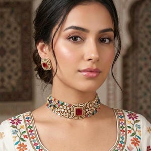 May include: A woman wearing a gold-toned choker necklace and matching square earrings. The necklace features a large red square center stone, surrounded by smaller colorful gems and intricate detailing. The earrings have a similar design.