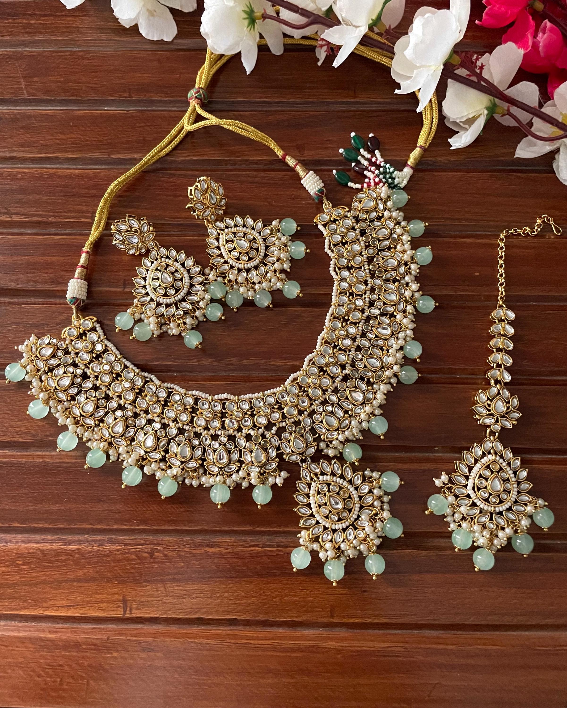 GHAZAL Emerald Green Necklace Earrings Maangtika Wedding Bridal
