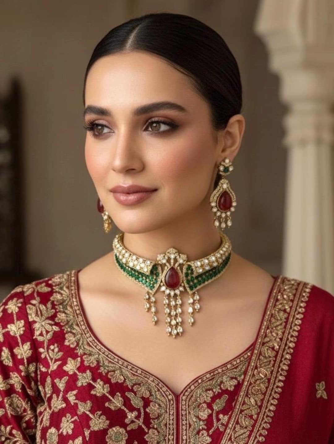 ARSHEYA Premium Quality Ruby Red and Green Doublet Stone Polki Kundan ...