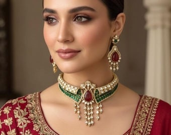 ARSHEYA Premium quality Ruby red and green Doublet Stone polki kundan choker Necklace Set ,Statement wedding bridal jewelry