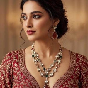 MRIDA Sabyasachi inspired Ruby red Victorian style uncut polki necklace set,Indian Bridal jewelry, cz kundan,pakistani nikaah jewellery