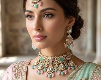 Set di collana girocollo kundan color rosa menta MAAHI con maangtika, gioielli indiani e pakistani color rosa menta per matrimoni, spose e feste.