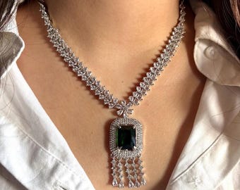 MYRAH Emerald green necklace earrings in American Diamond Classy high quality cz zircon jewelry,prom,gala dinner, maangtika included