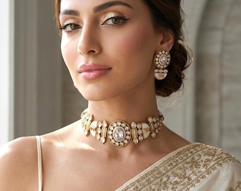 NIYA Sabyasachi inspired clear stones kundan choker with Earrings, Indian Pakistani traditional wedding jewelry