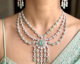 EISHA Mint Green cz necklace and earrings, Statement American Diamond jewelry, Indian Jewelry Pakistani Wedding jewellery silver Zircon