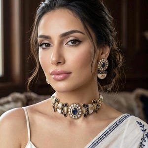 Könnte beinhalten: Ein goldfarbenes Choker-Halsband und passende Ohrstecker mit tiefblauen, oval geschliffenen Steinen, weißen runden Akzenten und filigranen Metallarbeiten. Das Schmuckset zeigt einen zentralen ovalen blauen Stein, umgeben von kleinen weißen Perlen.