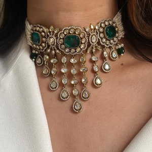 SABREEN Emerald green Victorian style Sabyasachi uncut polki choker set,Indian Bridal jewelry ,Cz  Necklace Set,pakistani wedding jewellery