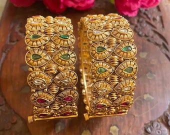 RIVA Pink green stones Rajwada bangles, gold tone openable bangles,Indian jewellery ethnic kadas,traditional, bracelets, temple jewellery