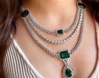LEILA Multilayer Emerald green necklace earrings Statement American Diamond,Indian Jewelry Pakistani Wedding jewellery Cz Zircon,prom