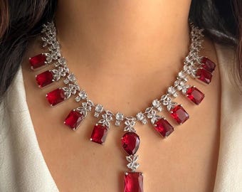 KAINA Red cz American Diamond High Quality Halskette Set Hochzeit Brautschmuck, Rotsilber, Pakistanischer Nikaah Schmuck