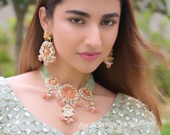 Ensemble tour de cou Fusion Kundan vert menthe et pêche inspiré de Sabyasachi, ensemble de collier, bijoux de mariage indien ensemble pakistanais bijoux bollywood