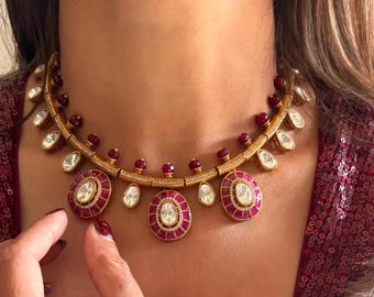AARZU Ruby Gold tone Kundan Hasli Choker Necklace Sabyasachi polki kundan NecklaceIndian traditional jewelry
