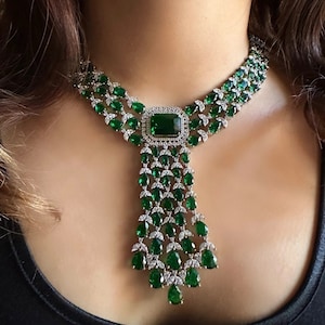 NAOMI Emerald Green Zirconium Faux Diamond Necklace Set,Silver Emerald CZ Necklace Set,Diamond Necklace Set, Indian Cz Pakistani jewellery