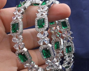 American diamond bangle set  in Emerald Green stones, AD bangle set,zircon bangles,bridal,indian bangles, pakistani bangles, green silver