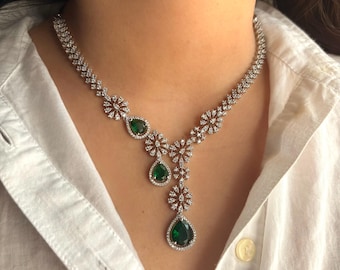 KYRA Emerald green necklace earrings in American Diamond Classy high quality cz zircon jewelry,prom,gala dinner green colour jewellery set